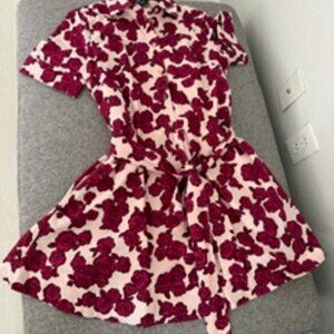 Kate Spade Light Crepe Pink Rosy Florets Floral Belted Shirt Dress